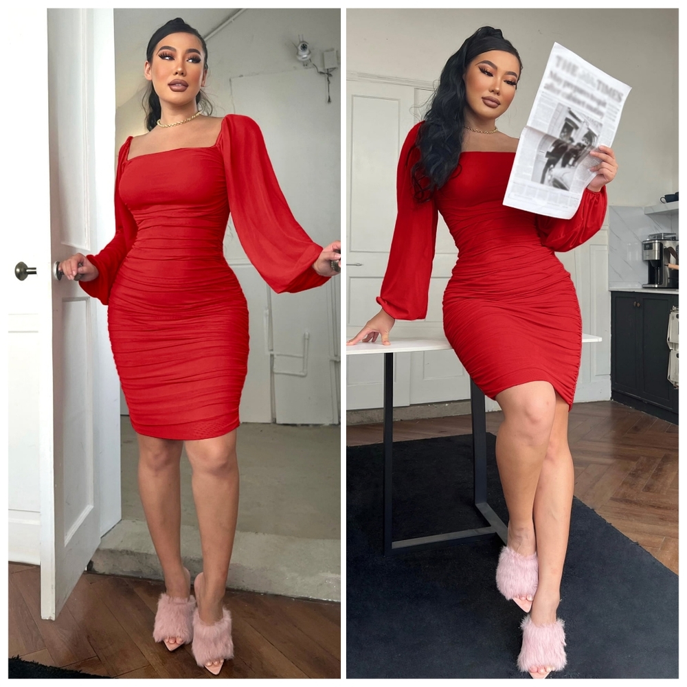 Red Zip-Back Ruched Dress - Picture 3 of 5